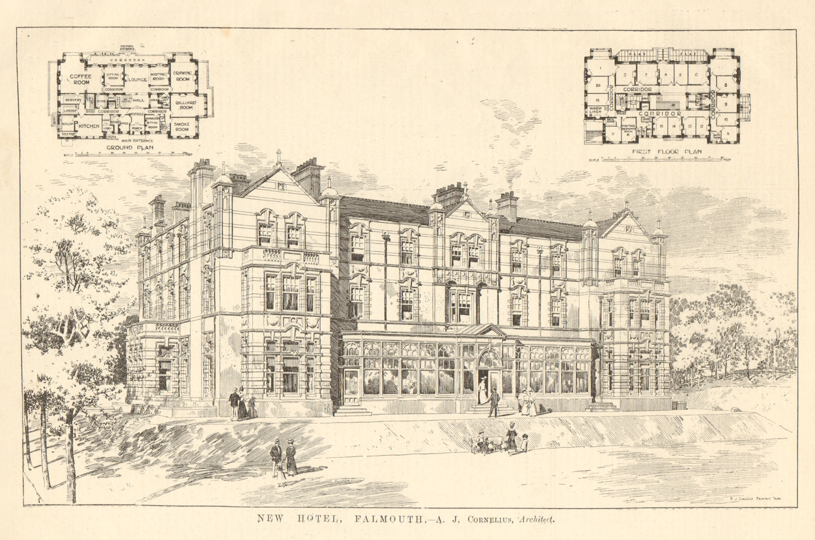 New Hotel, Falmouth - Alfred J. Cornelius, Architect. Cornwall 1907 old print